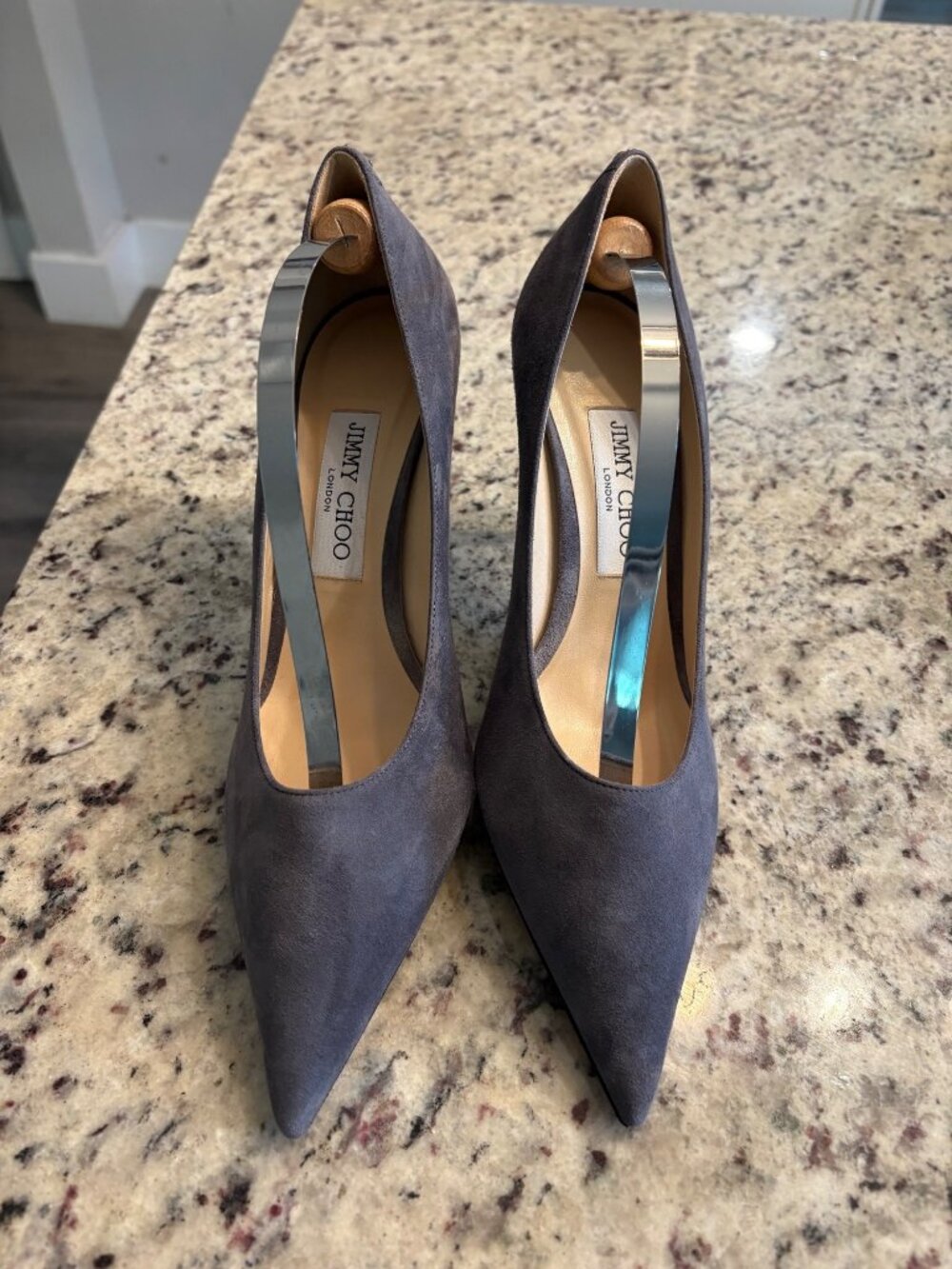 Jimmy Choo Ivy 85 Dusk Grey Suede Slingback Heels 38.5